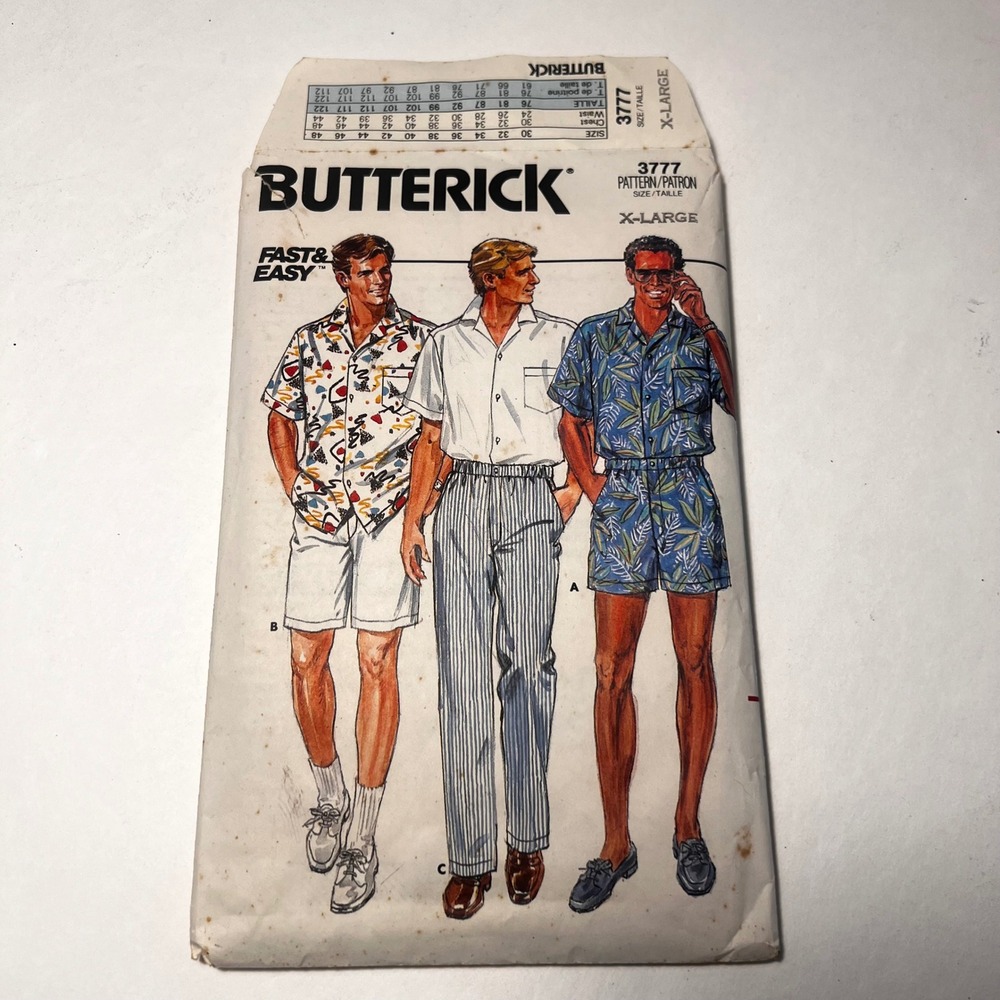 Vintage Butterick 3777 Mens Shirt Shorts Pants Sewing Pattern XL Retro 80s
